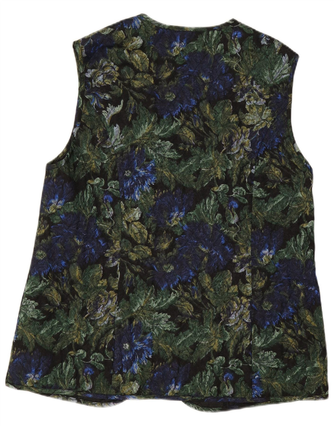 VINTAGE Γυναικείο Ανοιχτό Καπιτονέ Gilet EU 42 Μεγάλη Μαύρη Φλοράλ Βισκόζη