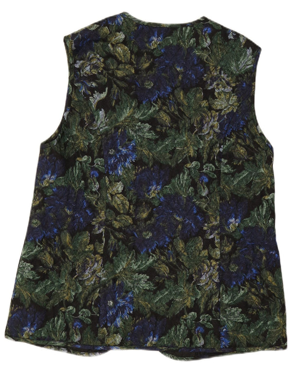 VINTAGE Womens Open Quilted Gilet EU 42 Large Black Floral Viscose