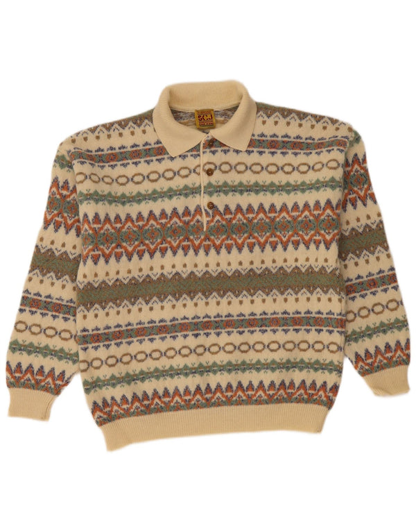 STEFANEL Mens Polo Neck Jumper Sweater Medium Beige Fair Isle