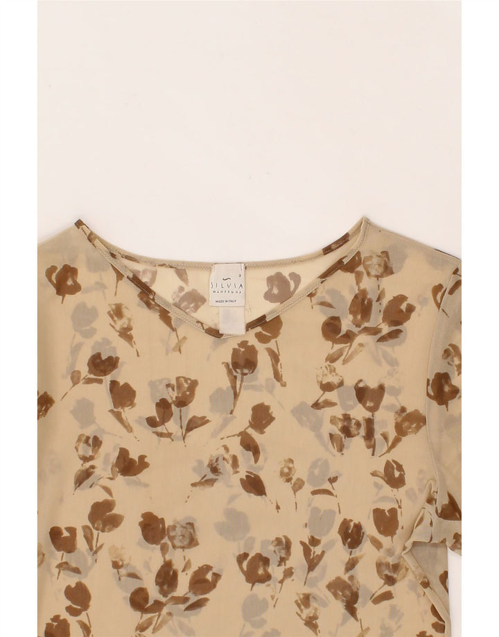 SILVIA Womens Top Long Sleeve UK 14 Medium Beige Floral Vintage Silvia and Second-Hand Silvia from Messina Hembry 