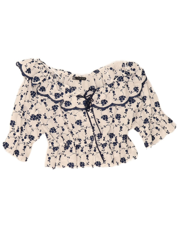 Zara Γυναικεία μπλούζα Crop Off Shoulder Top UK 14 Large White Floral Βαμβακερό