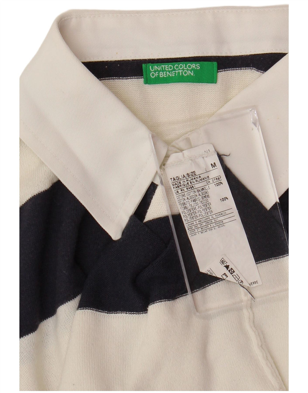 BENETTON Γυναικείο πλεκτό μπλουζάκι ράγκμπι πόλο UK 14 μεσαίο λευκό ριγέ