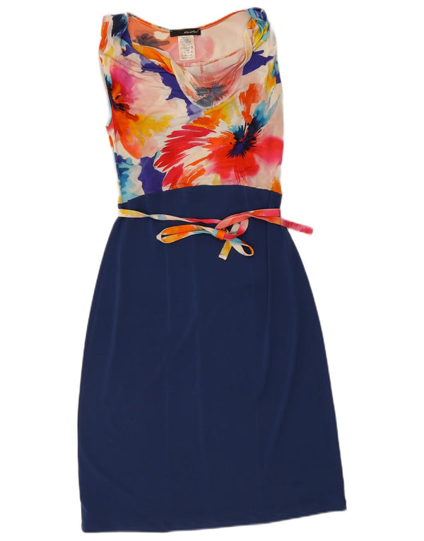 Vintage γυναικείο αμάνικο φόρεμα UK 10 Small Navy Blue Floral Viscose