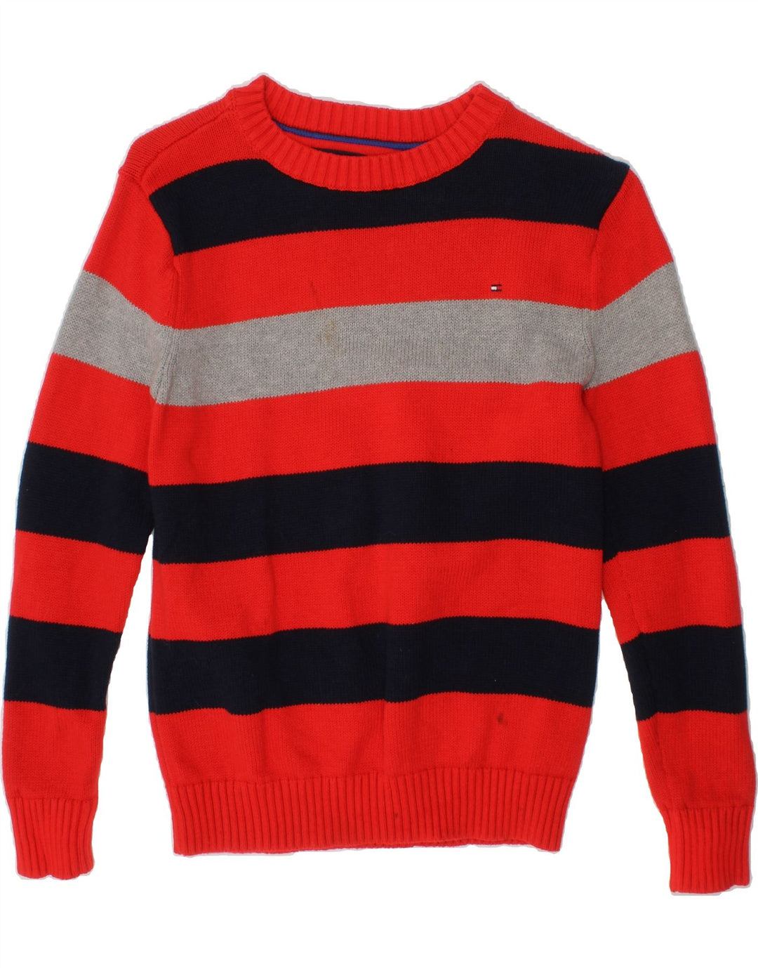 TOMMY HILFIGER Boys Crew Neck Jumper Sweater 8-9 Years Medium  Red Striped Vintage Tommy Hilfiger and Second-Hand Tommy Hilfiger from Messina Hembry 