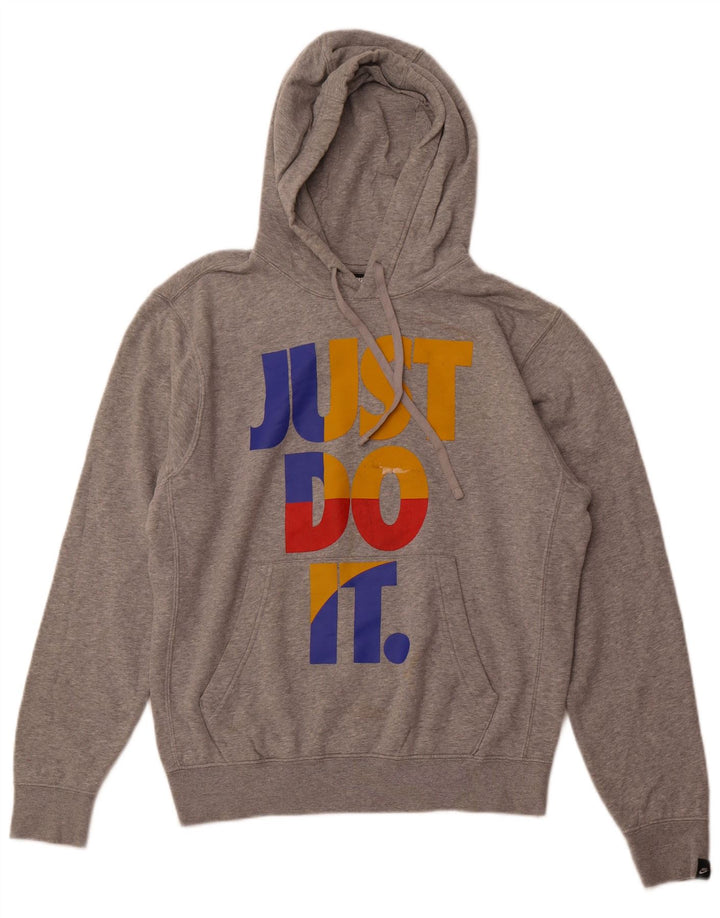 NIKE Mens Graphic Hoodie Jumper Small Grey Cotton