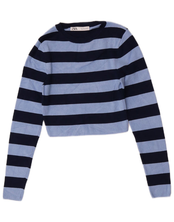 Zara Γυναικεία Crop Μπλούζα Τοπ UK 12 Medium Blue ριγέ βισκόζη