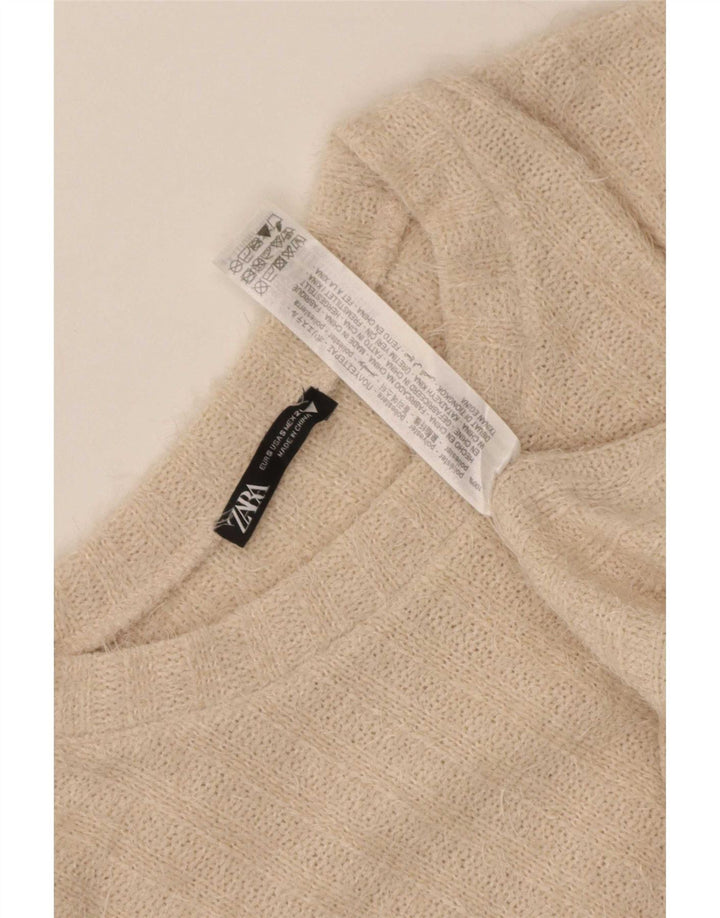Zara Γυναικείο πουλόβερ με λαιμόκοψη UK 10 Small Beige ριγέ πολυεστέρα