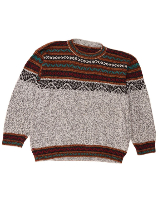 Vintage Mens Crew Neck Jumper Sweater Medium Grey Fair Isle