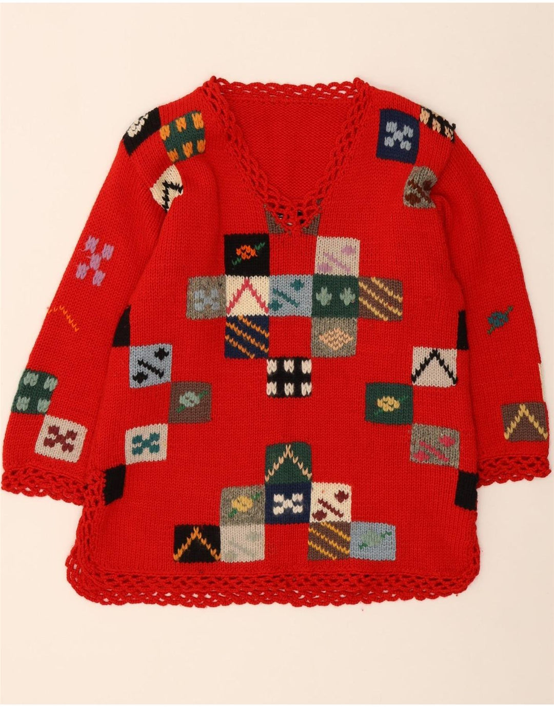VINTAGE Womens V-Neck Jumper Sweater UK 16 Large Red Patchwork Vintage Vintage and Second-Hand Vintage from Messina Hembry 