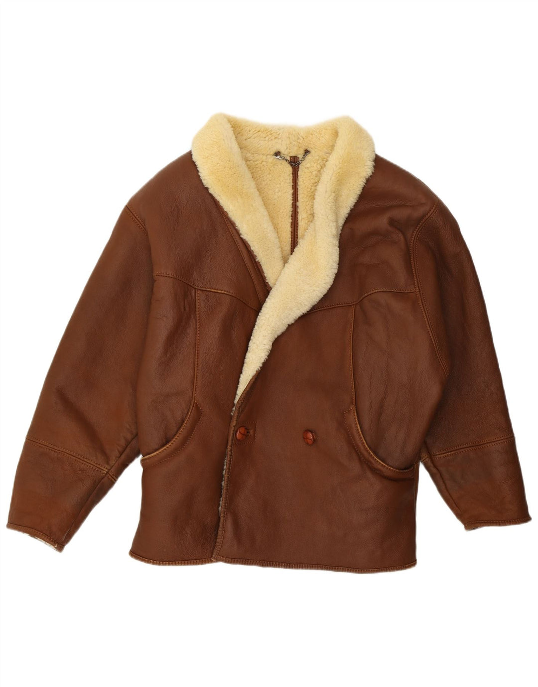 Vintage Ανδρικό Loose Fit Shearling Jacket IT 46 Small Brown Leather