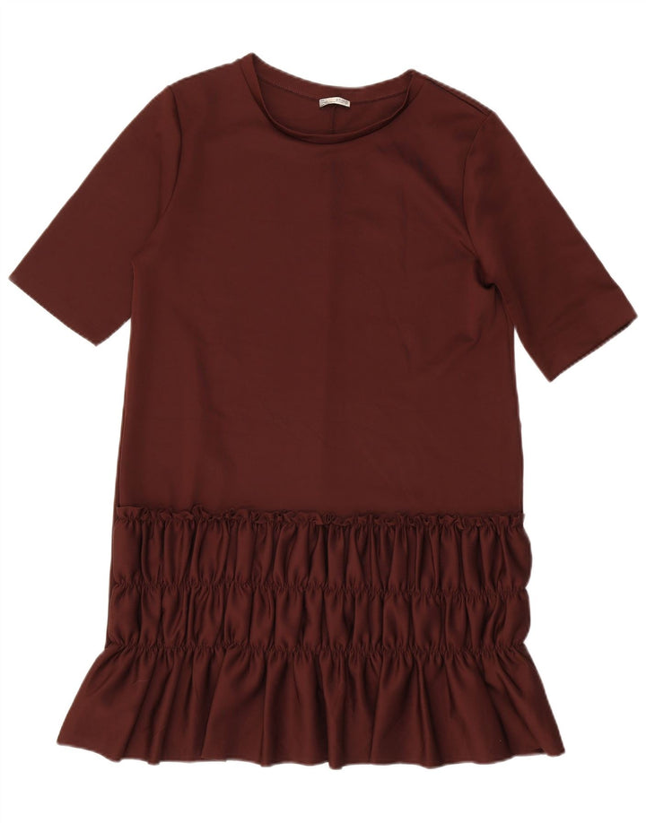 Zara Γυναικείο φόρεμα με βολάν μπροστά Shift UK 14 Large καφέ πολυεστέρας