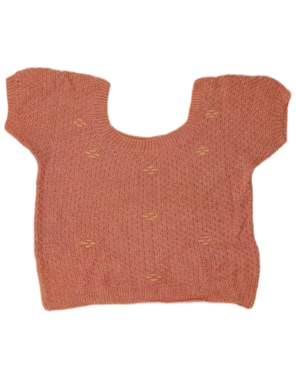 Vintage Womens Crop Short Sleeve Boat Neck Jumper Sweater UK 16 Large Pink