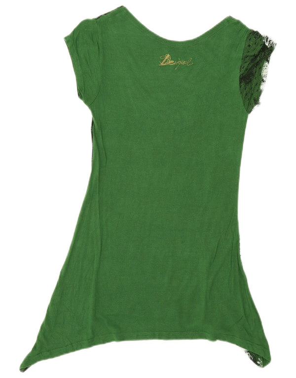 DESIGUAL Womens Asymmetric Graphic T-Shirt Top UK 8 Small Green Floral