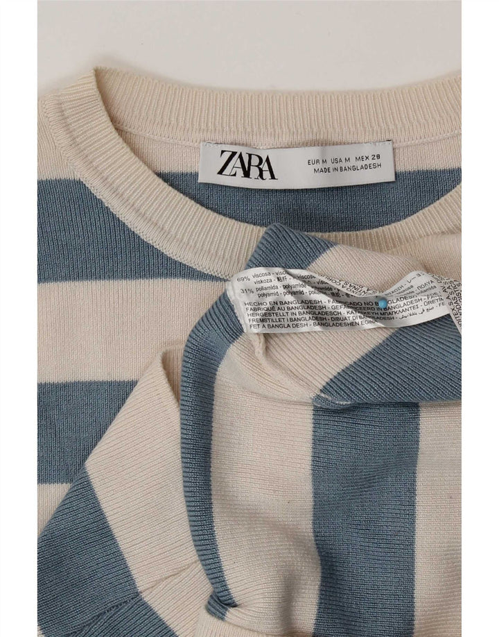 Zara Womens Crop Top UK 12 Medium Beige ριγέ βισκόζη