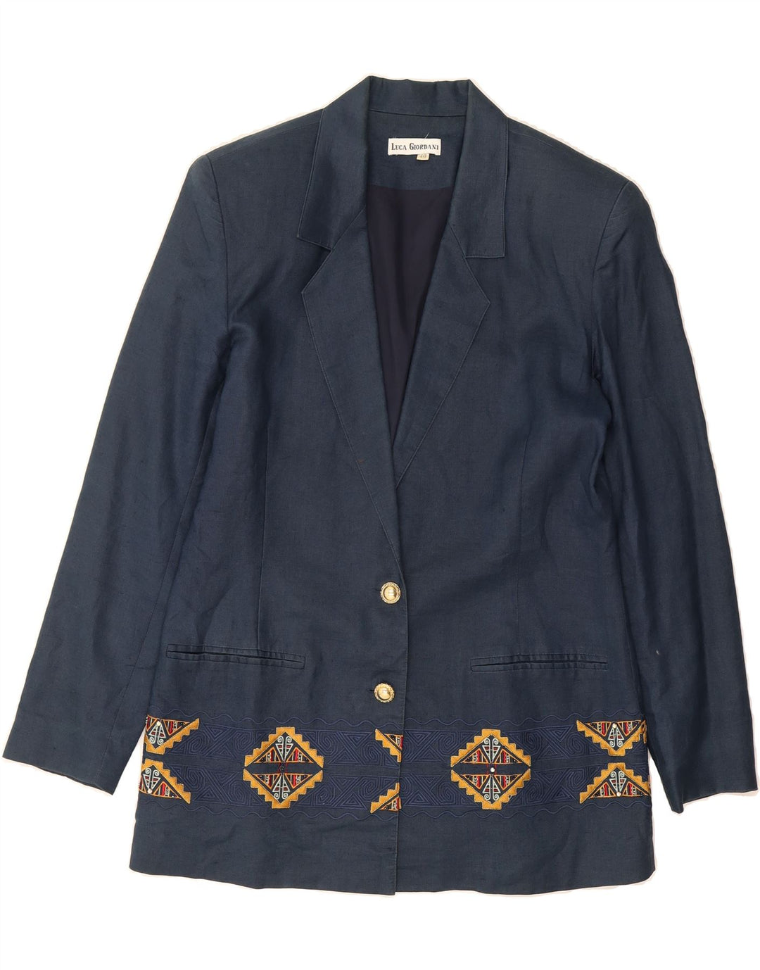 VINTAGE Womens 2 Button Blazer Jacket IT 46 Large Navy Blue Fair Isle Vintage Vintage and Second-Hand Vintage from Messina Hembry 