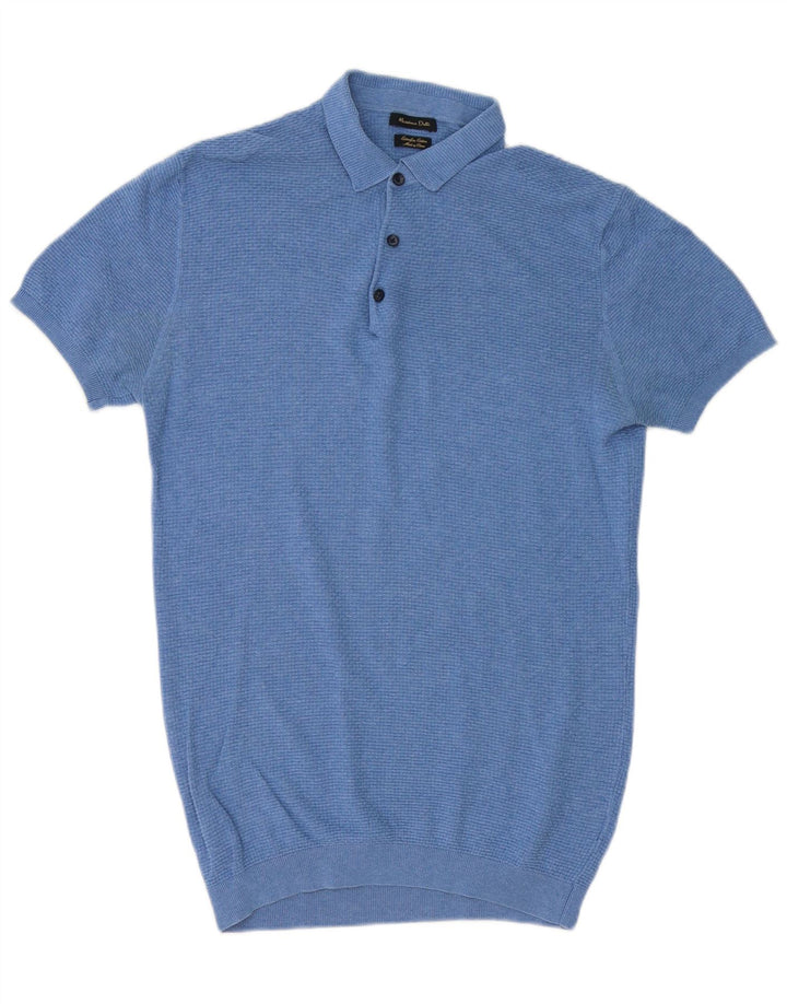MASSIMO DUTTI Ανδρικό πουλόβερ με κοντό μανίκι polo λαιμόκοψη μεσαίο μπλε