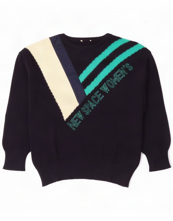Vintage Womens Crew Neck Jumper πουλόβερ UK 16 Large Navy Blue Colorblock