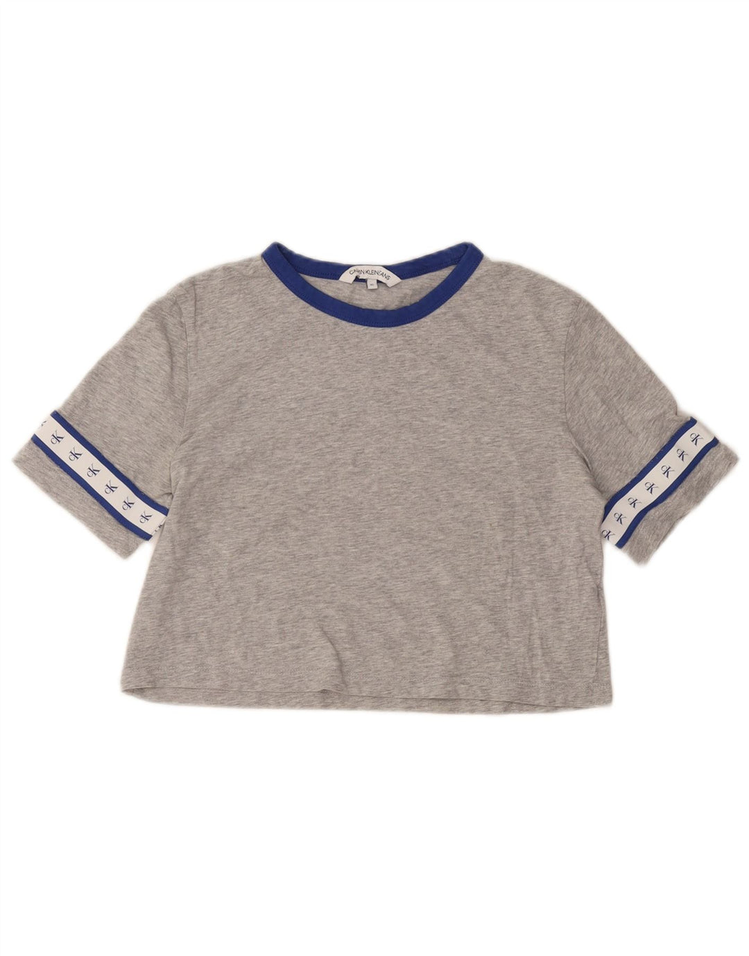 CALVIN KLEIN Γυναικείο Crop Graphic T-shirt Top UK 6 XS Γκρι βαμβακερό