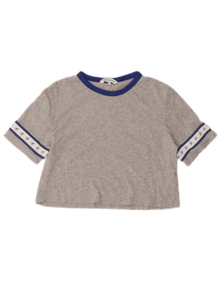 CALVIN KLEIN Γυναικείο Crop Graphic T-shirt Top UK 6 XS Γκρι βαμβακερό