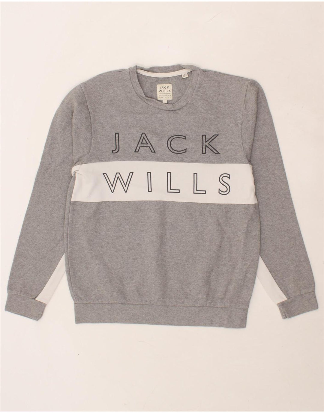 JACK WILLS Mens Graphic Sweatshirt Jumper Small Grey Colourblock Cotton Vintage Jack Wills and Second-Hand Jack Wills from Messina Hembry 