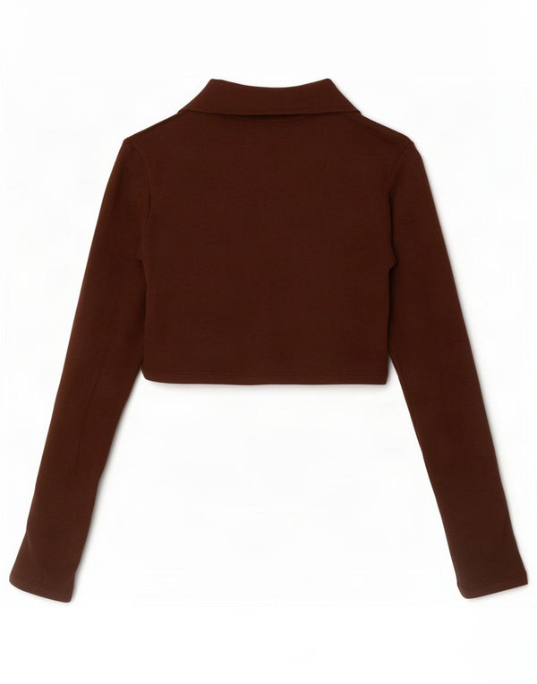 Zara Γυναικείο μακρυμάνικο μπλουζάκι πόλο UK 8 Small καφέ βαμβακερό