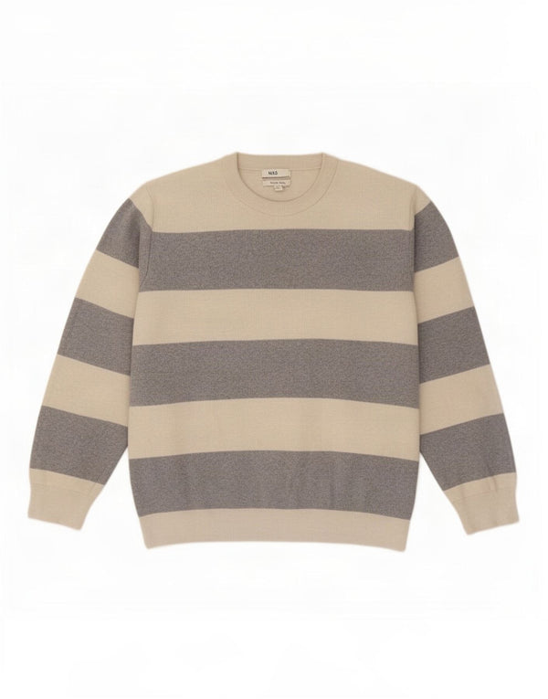 Marks & Spencer Mens Crew Neck Jumper Sweater XL Beige Striped Polyester