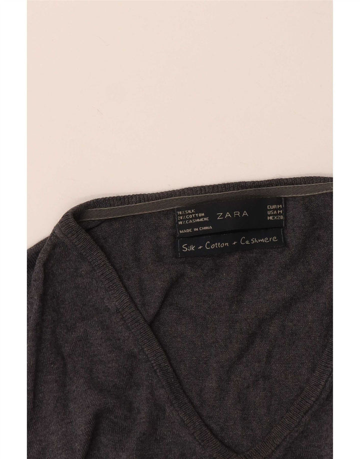 Zara Γυναικείο πουλόβερ με V λαιμόκοψη UK 12 Medium Grey Silk