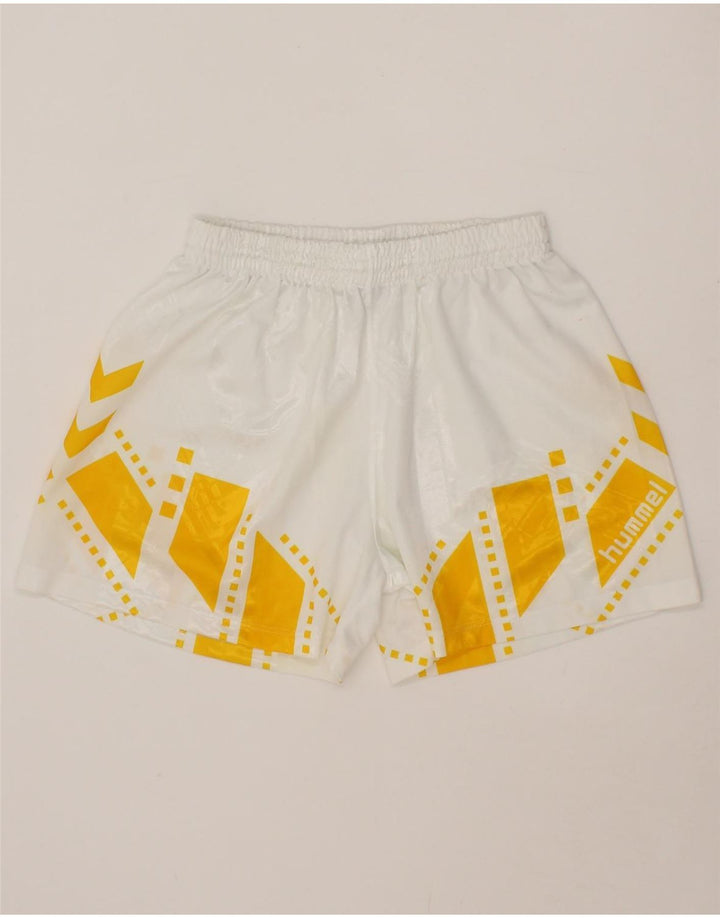 HUMMEL Mens Graphic Sport Shorts Small White Geometric Polyester Vintage Hummel and Second-Hand Hummel from Messina Hembry 