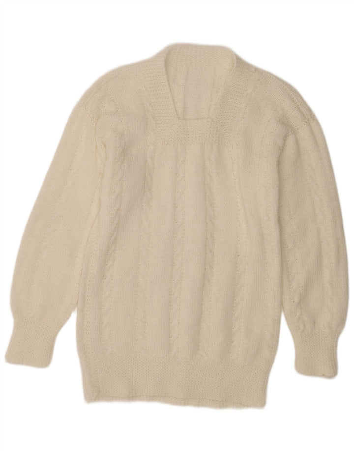 VINTAGE Womens V-Neck Jumper Sweater UK 14 Medium Off White