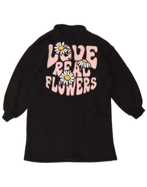 Zara Girls Μακρυμάνικο Γραφικό Πόλο Φόρεμα 9-10 ετών Μαύρο Βαμβακερό