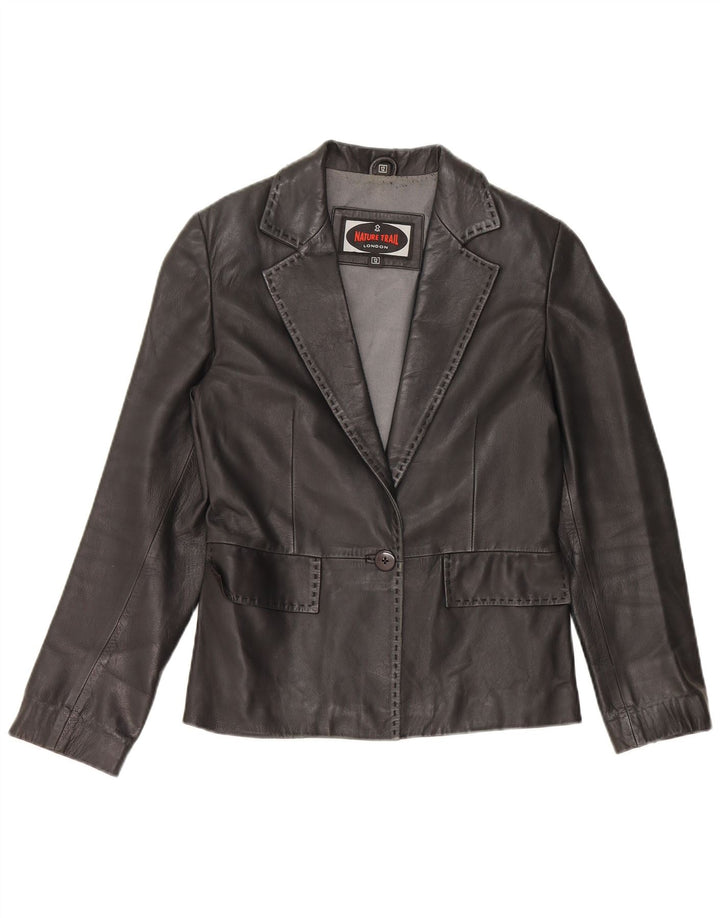 Vintage Γυναικείο Δερμάτινο Μπουφάν με 1 Κουμπί UK 12 Μεσαίο Μαύρο Δερμάτινο