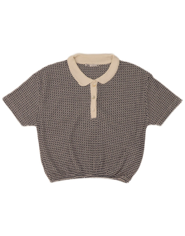Zara Γυναικείο πουκάμισο Polo Crop UK 10 Small Blue Geometric Polyester