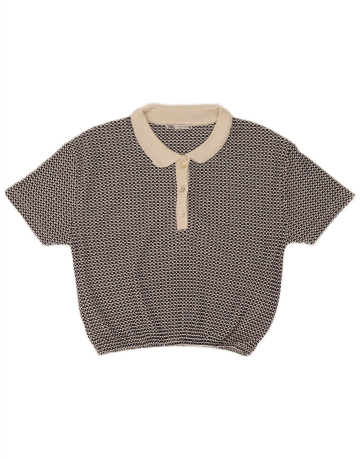 Zara Γυναικείο πουκάμισο Polo Crop UK 10 Small Blue Geometric Polyester