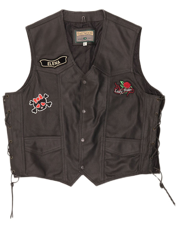 Vintage Womens Motorstyle Graphic Leather Waistcoat UK 24 4XL Black