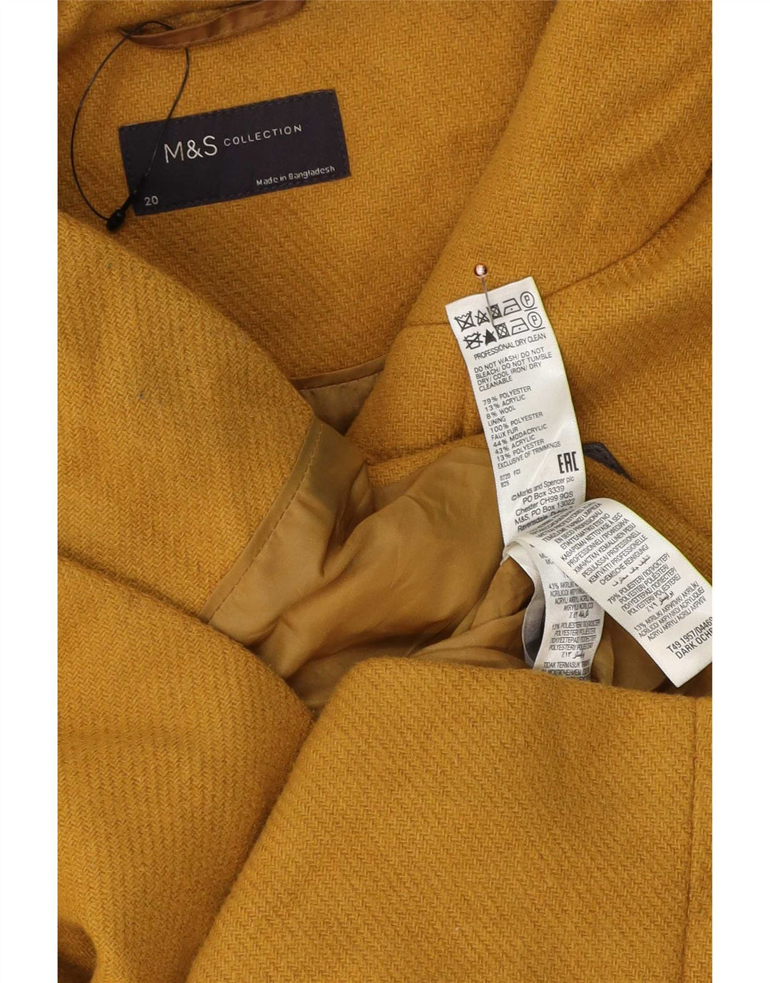 Marks & Spencer Γυναικείο παλτό Duffle με κουκούλα UK 20 2XL κίτρινο πολυεστέρα