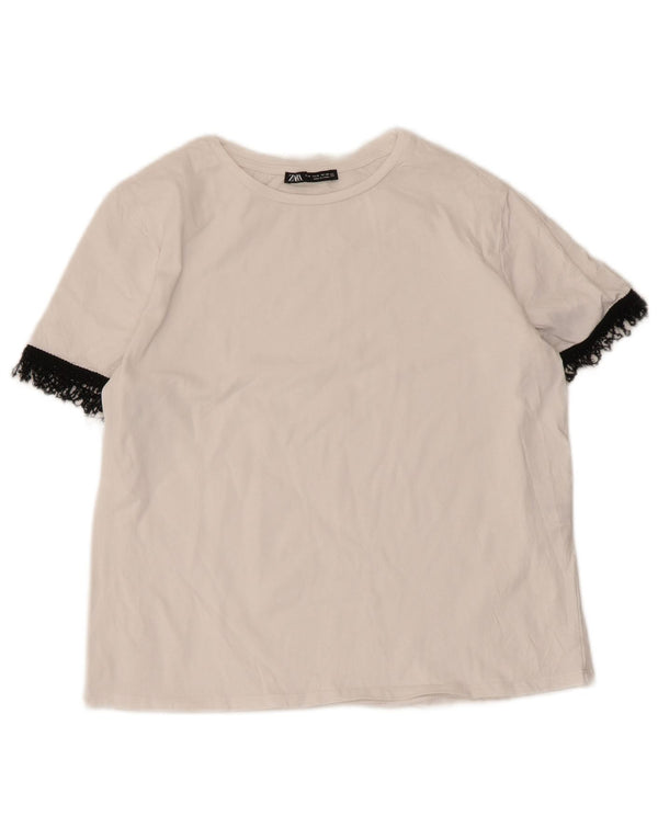 Zara Γυναικείο T-Shirt Top UK 12 μεσαίου λευκού χρώματος βαμβακερό