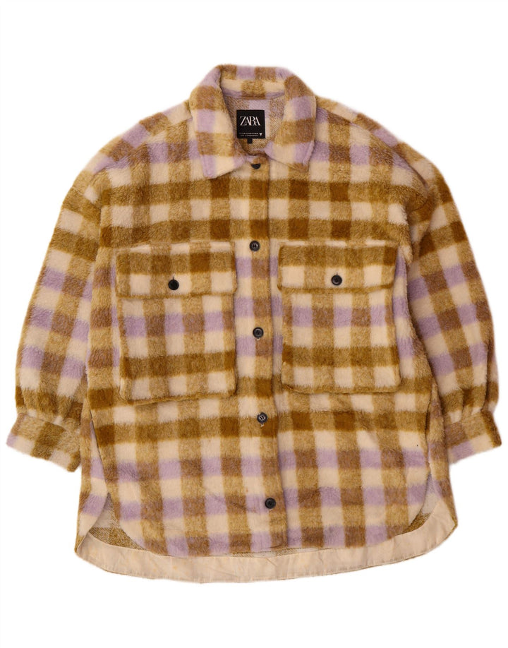 Zara γυναικείο φλις μπουφάν υπερμεγέθη UK 10 Small Beige καρό πολυεστέρα