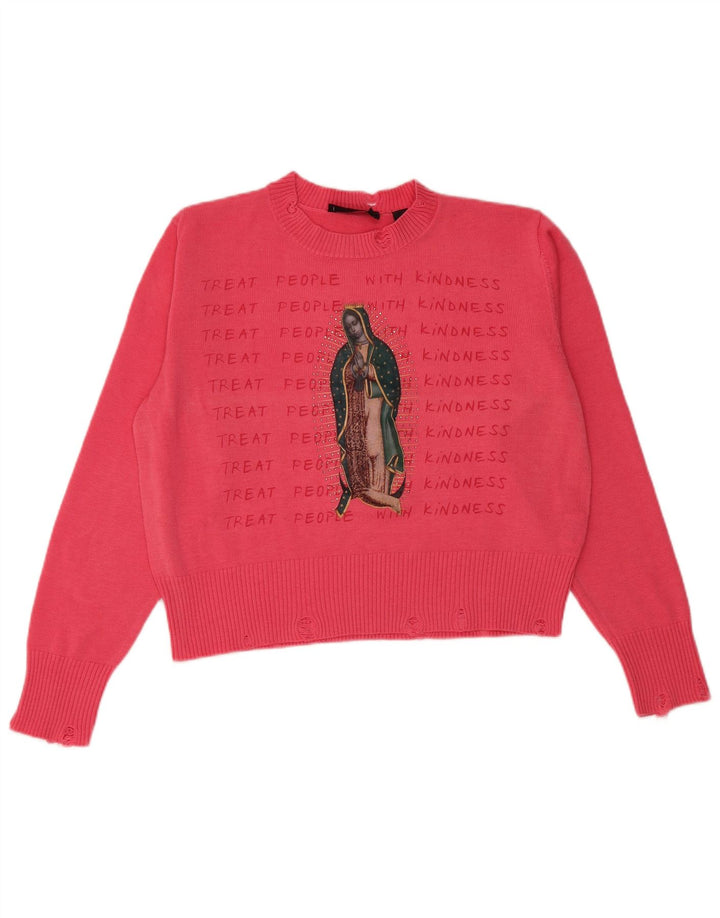 Γυναικείο πουλόβερ DESIGUAL Crop Graphic Crew Neck Jumper UK 14 Medium Pink