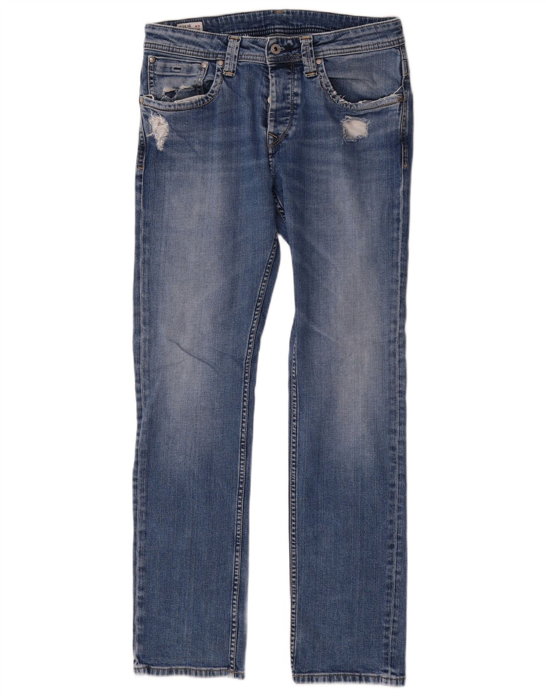PEPE Jeans Mens Distressed Regular Straight Jeans W32 L32 Blue Cotton