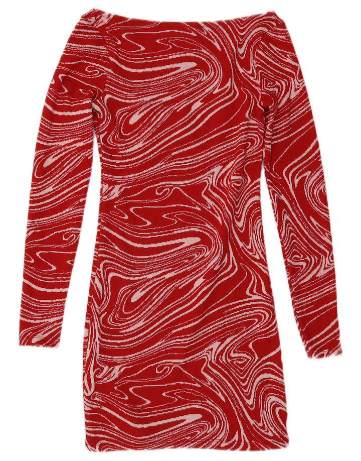 Zara Γυναικείο Abstract Pattern Φόρεμα μακρυμάνικο Bodycon UK 8 Μικρό κόκκινο