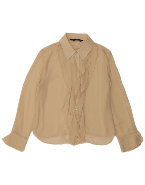 ZARA Γυναικείο πουκάμισο με βολάν μπλούζα UK 14 Large Beige Polyester