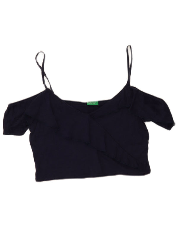 Benetton Womens Crop Off Shoulder Top 14 Large Navy Blue Lyocell