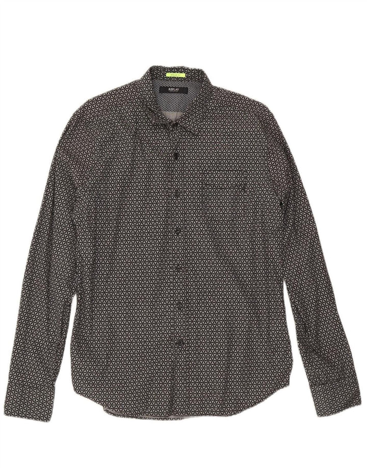REPLAY Mens Regular Fit Shirt Large Grey Geometric Cotton