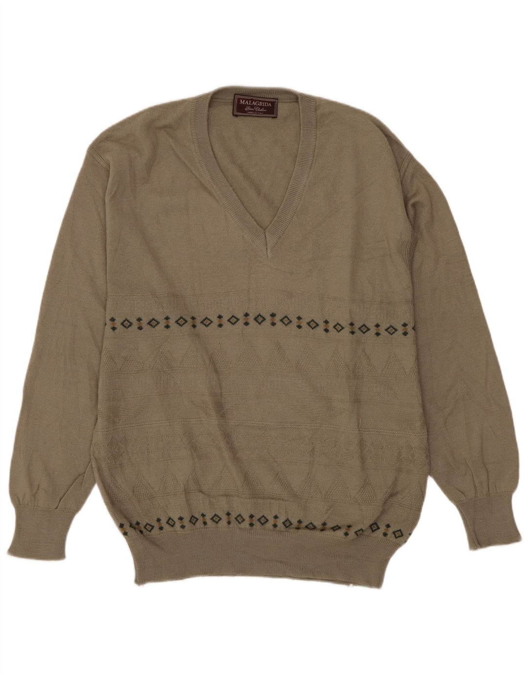 MALAGRIDA Ανδρικό πουλόβερ με λαιμόκοψη σε μεσαίο γκρι γεωμετρικό μαλλί