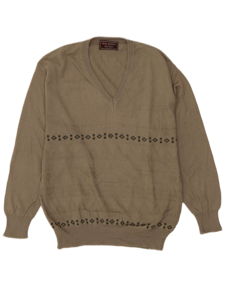 MALAGRIDA Ανδρικό πουλόβερ με λαιμόκοψη σε μεσαίο γκρι γεωμετρικό μαλλί