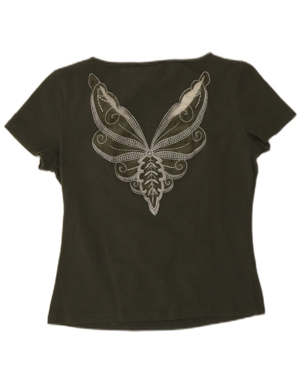 Γυναικείο γραφικό T-Shirt Christian Dior Top UK 14 Medium Khaki Butterfly