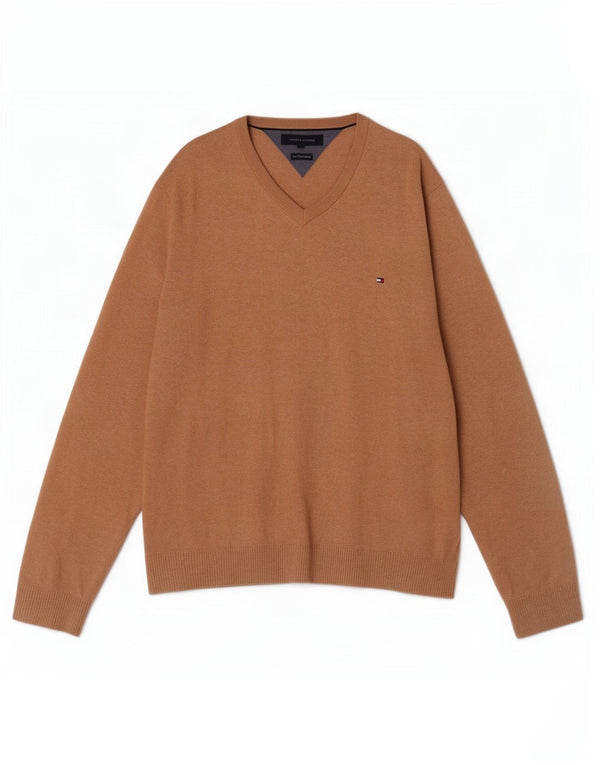 Ανδρικό πουλόβερ Tommy Hilfiger με V λαιμόκοψη XL Καφέ βαμβακερό