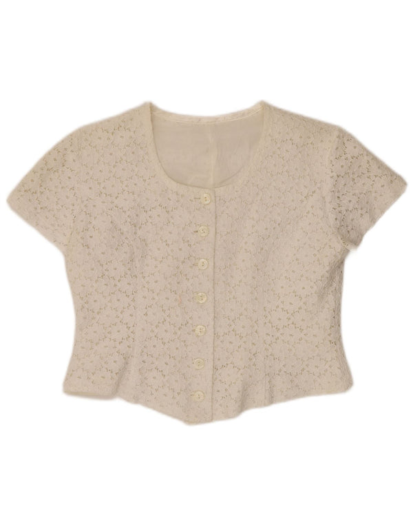 VINTAGE γυναικείο κοντομάνικο πουκάμισο μπλούζα IT 46 μεγάλο εκρού φλοράλ