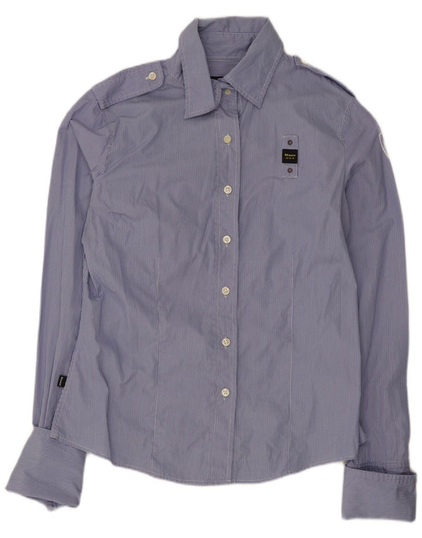 Blauer Γυναικείο Στρατιωτικό Μπλουζάκι UK 16 Large Blue Pinstripe Βαμβακερό