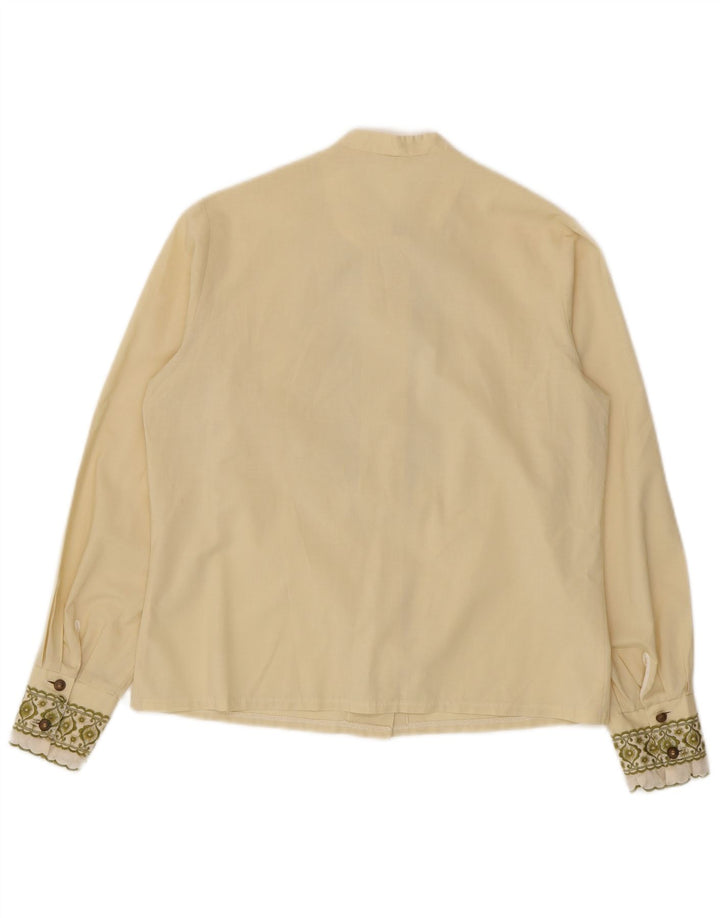 Vintage γυναικείο βολάν μπλούζα μπροστινό UK 14 Medium Off White Floral